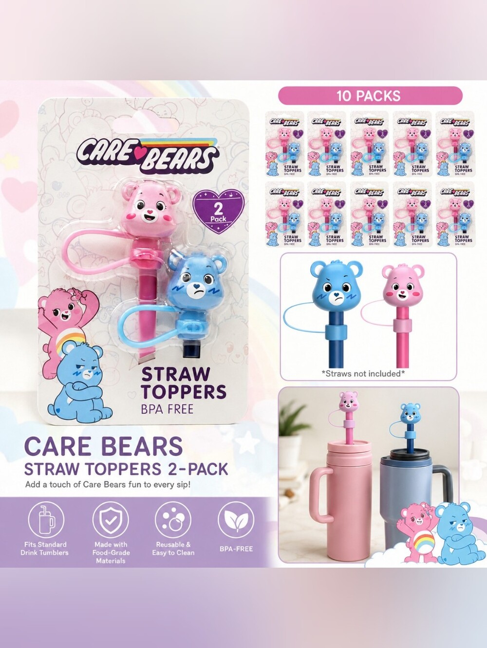 NWT 10 Sets Care Bears Grumpy Bear & Cheer Bear 10mm Straw Toppers BPA FREE